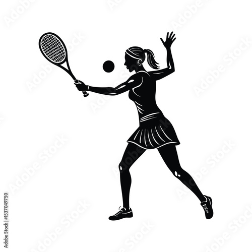 Black Silhouette Female Tennis Player Serving a Ball White Background Sport Action Graphic woman
