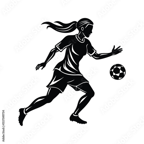 Black Silhouette Female Soccer Player Running with Ball White Background Dynamic Action Sports Graphic