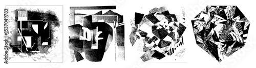 Vector Abstract geometric portraits showcase fragmented faces in bold monochrome.