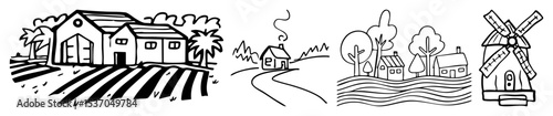 Vector Charming rural landscape featuring houses fields and a windmill .