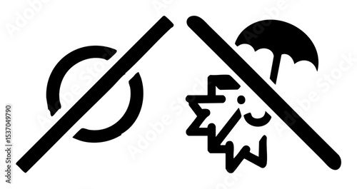 Vector Prohibition signs depict a blocked phone and inclement weather with lightning and rain.