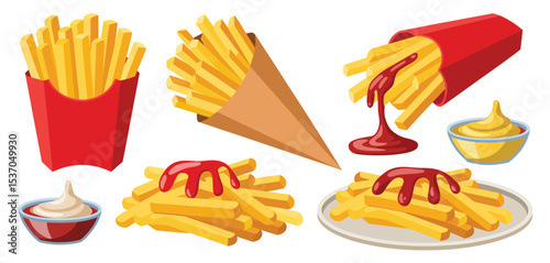 French fries with ketchup and mustard illustrations