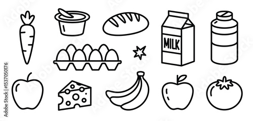 Grocery food icons line art illustration