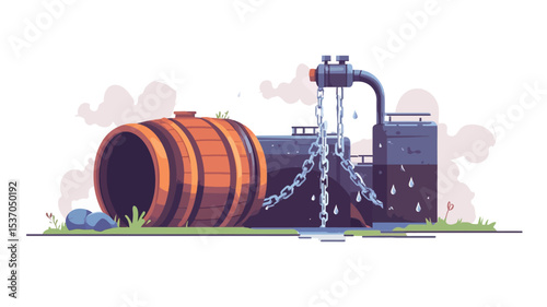 A digital illustration depicting a rusty wooden barrel lying on its side next to an industrial metal faucet with a chain. Water is dripping from the faucet onto the ground.  