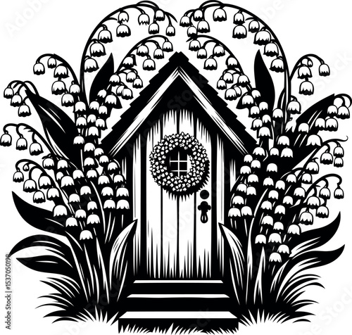Spring cottage door adorned with fresh Lily of the Valley garland full of floral charm
