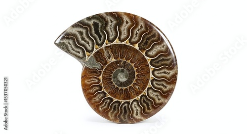 Rare polished ammonite fossil slice, isolated on white background. Generative AI