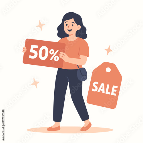 Flat Style vector Illustration of Woman Holding 50 Percent Off Sign with Sale Tag – Bright and Cheerful Promotion Scene