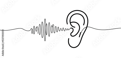 Continuous line drawing of ear hearing sound waves