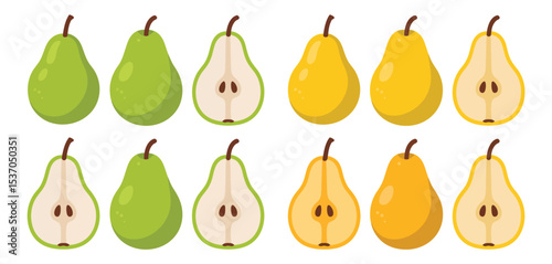 Whole and halved green and yellow pears illustration