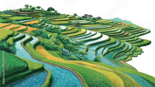 A digital illustration depicting a sweeping view of lush green rice terraces cascading down a hillside.  The terraces are meticulously arranged in a series of steps, with vibrant green and yellow