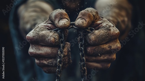 Dirty hands hold a broken chain, symbolizing freedom from bondage. Ideal for illustrating themes of liberation, hard work, and social justice. photo