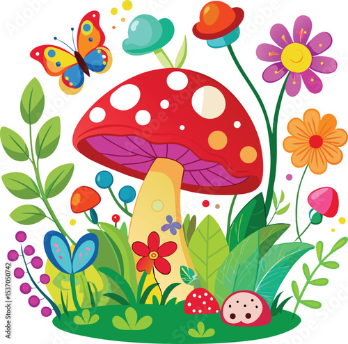 colorful mushroom illustrations with flowers and butterflies
