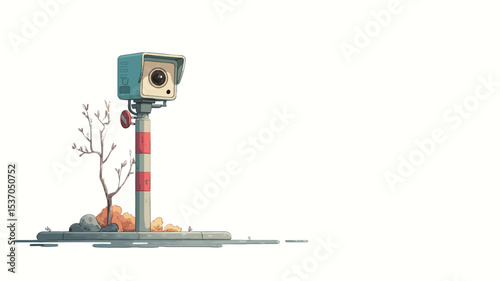 The image is a digital illustration depicting a stylized cuboid character resembling a robot or automaton perched atop a red and white striped pole. The character has a box-like head with simple