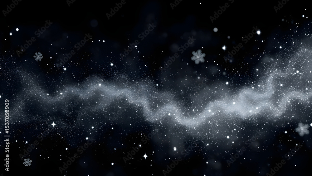 Fototapeta premium White shimmer with snow and star glitter. Magic dust with wind effect on black background