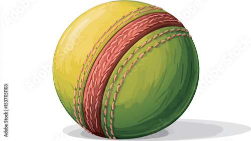 A digital illustration of a cricket ball. The ball is predominantly yellow and green, with red stitching visible along the seams.  The illustration style is somewhat painterly