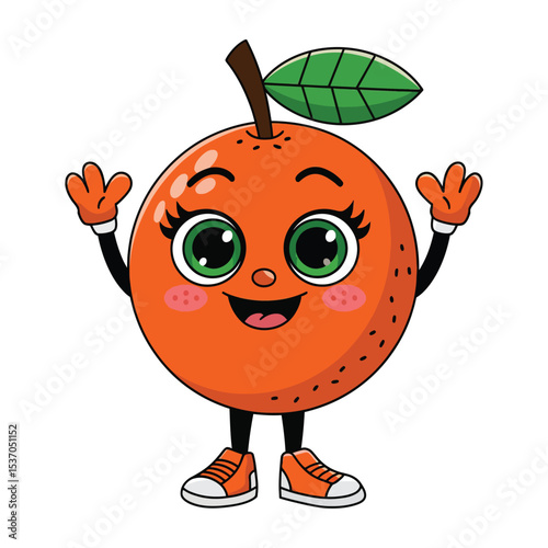 A cute, anthropomorphic orange character with large, expressive green eyes, rosy cheeks, and a cheerful smile.
