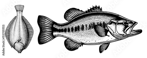 Vector Detailed illustrations of a flatfish and a largemouth bass are presented in a vintage engraving style.