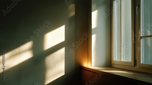 Sunlight casting a shadow of a large window onto a blank wall, creating an abstract geometric pattern.