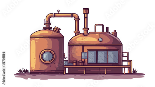 The image is a digital illustration in pixel art style depicting an industrial facility.  The facility consists of two large cylindrical tanks, connected by pipes and other smaller apparatuses. One