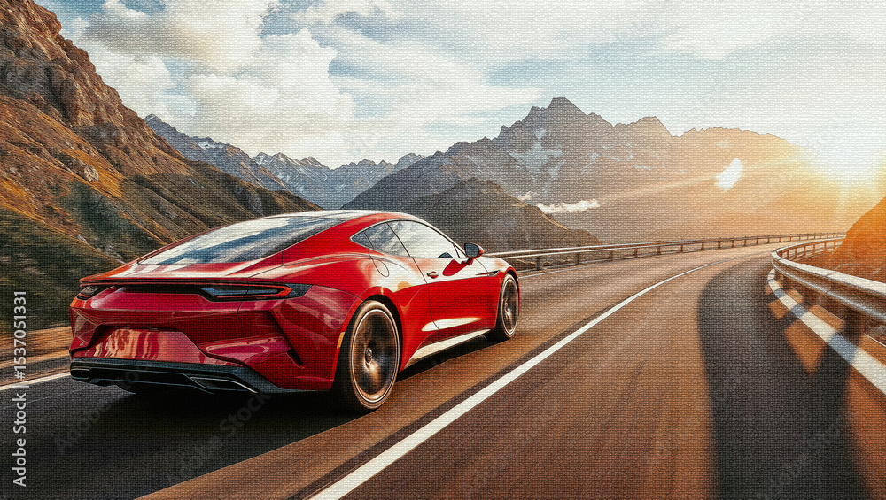 Naklejka premium A red sports car speeds along a curving mountain highway at sunset, with rugged peaks and golden sunlight creating a cinematic backdrop of freedom and luxury.