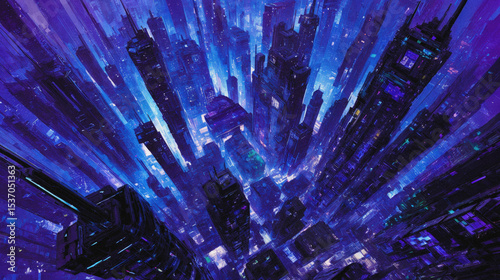Abstract Cyberpunk Futuristic Sci-Fi Cityscape Purple Blue