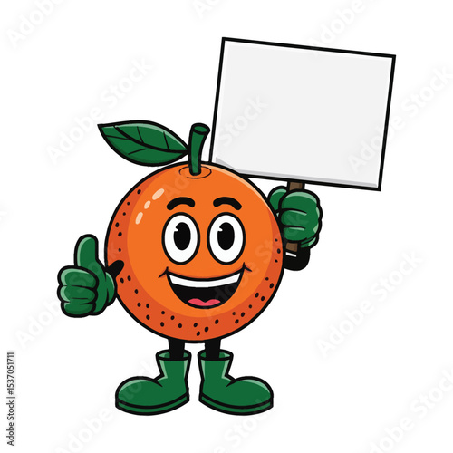 Create a cartoon illustration of a cheerful orange fruit character with big, expressive eyes and a wide smile. The orange has green gloves, green boots, and a green leaf stem on top of its head.
