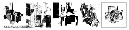 Vector Abstract geometric compositions featuring fragmented shapes and textured lines.