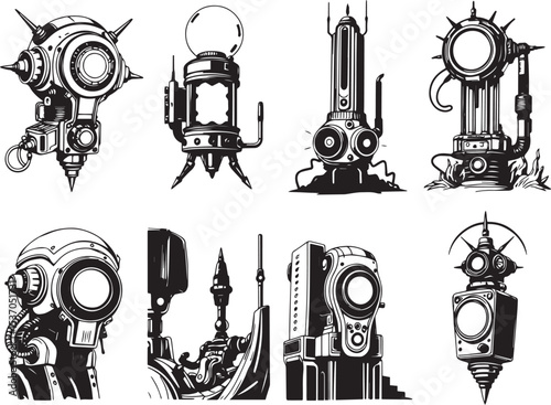 Mechanism set, retro, vintage, steampunk, cyberpunk, decorative elements. Ideal design for social media, cover, banner, flyer, music, ads.	