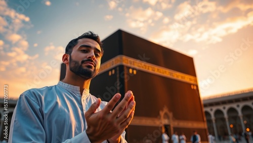 Devout Muslim praying with open hands facing the Kaaba at sunset.