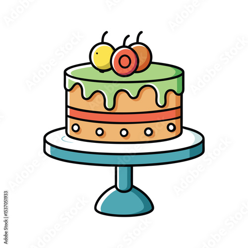 Festive layered cake vector illustration light green icing orange coral and tan layers yellow orange and red cherries cake stand