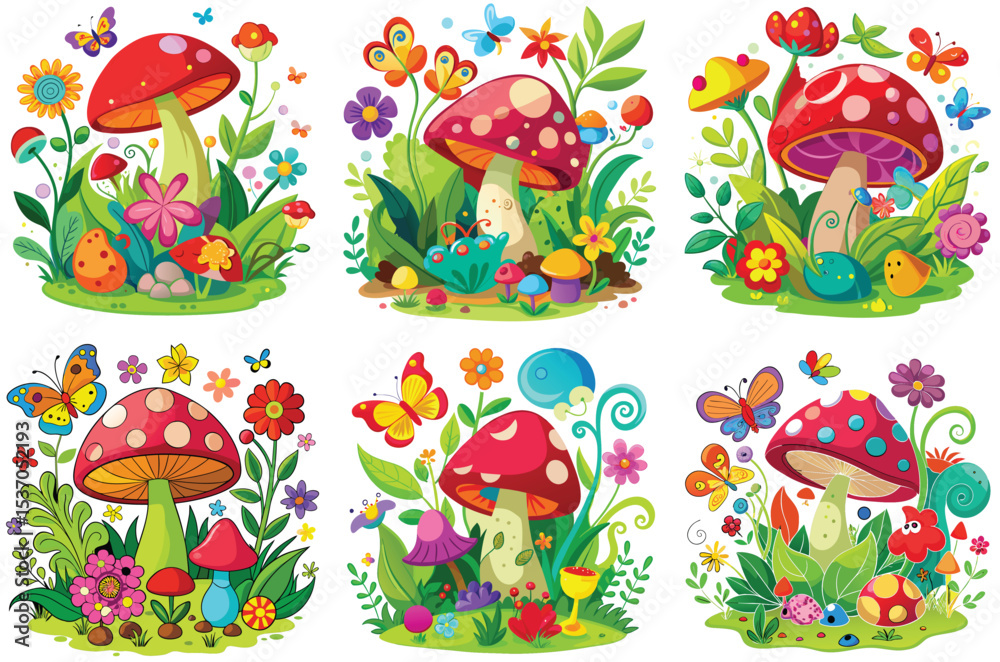 Naklejka premium colorful mushroom illustrations with flowers and butterflies