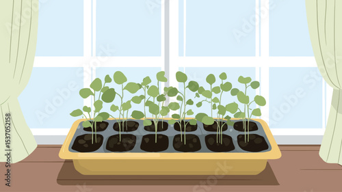 A digital illustration depicts a yellow plastic seed tray containing multiple small green seedlings. The tray sits on a wooden surface in front of a window with light-colored curtains.