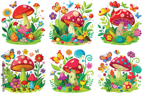 colorful mushroom illustrations with flowers and butterflies