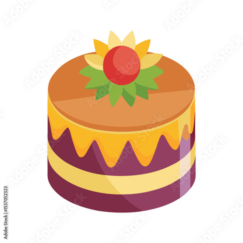 Festive layered cake vector illustration orange yellow maroon gold fruit topping isolated white background
