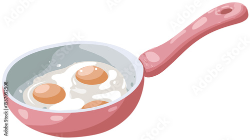A digital illustration depicting three fried eggs in a light pink frying pan with a pink handle. The eggs are presented sunny-side up with visible yolks and whites. The frying pan is shown from a