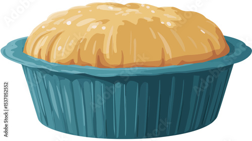 Close-up illustration of a single cornbread muffin in a teal paper cup. The muffin is golden-yellow and appears slightly moist, with a slightly irregular, textured surface. 