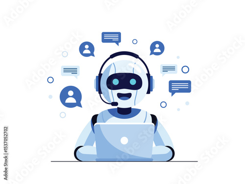 AI Chatbot Robot with Headset Providing Online Customer Support, AI-Powered Customer Service Revolutionizing Support with Chatbots