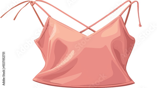 A digital illustration of a peach-colored satin camisole top. The top is sleeveless with a V-neck and features thin, criss-cross straps that tie at the shoulders. The fabric appears smooth and