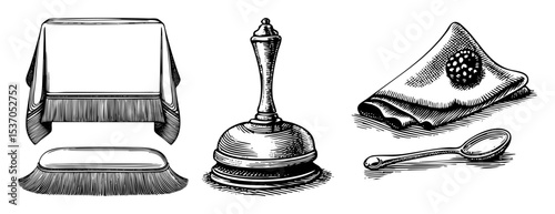 Vector Vintage ritual objects featuring a bell hat and cleaning tools.