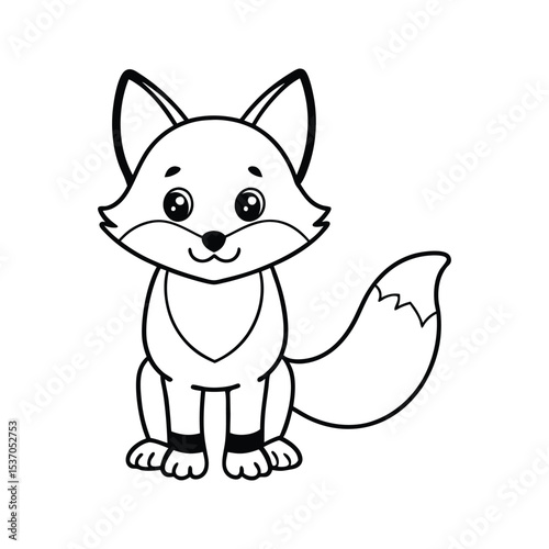 Friendly Cartoon Fox Silhouette Black Outline Smiling Sitting White Background Cute Animal Vector Illustration