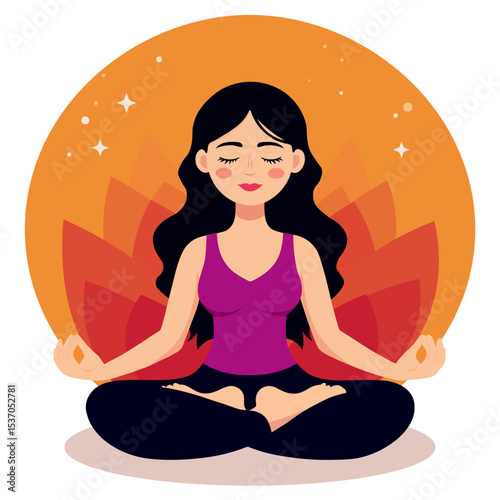 Young girl doing yoga, meditating in lotus position. Flat minimalistic vector illustration.