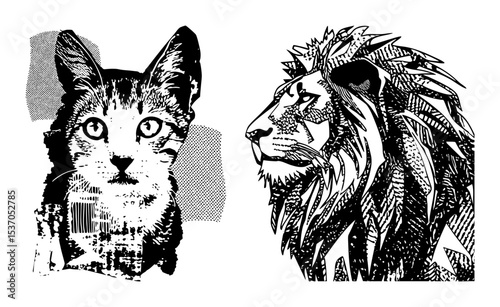 Vector Detailed feline and leonine head illustrations showcase contrasting animal features.