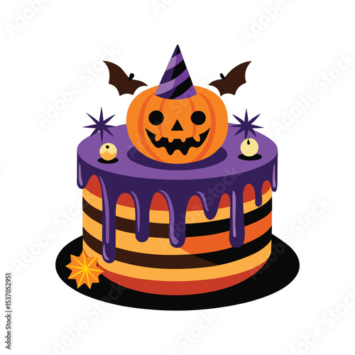 Halloween Cake Vector Illustration Orange Black Purple Icing Pumpkin Bats Party Hat Festive Treat