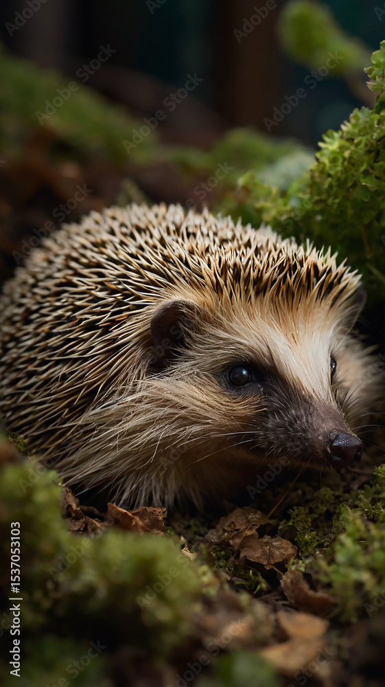 Fototapeta premium Hedgehog Resting in Leaf-Covered Forest Burrow with Warm Light