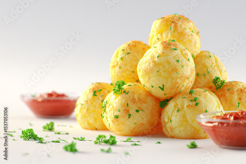 A photorealistic Brazilian pão de queijo with golden cheesy bread balls