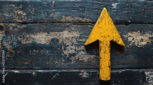 Yellow Arrow Symbol on Weathered Dark Wooden Surface Signifying Direction and Navigation for Various Applications in Marketing and Design