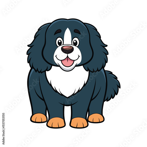 Happy Cartoon Bernese Mountain Dog Vector Illustration White Background Dark Gray Fur Orange Paws cartoon dog
