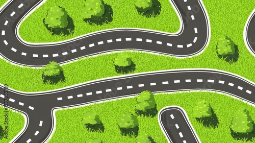 Curved Road on Grass Vector Illustration with Lush Greenery