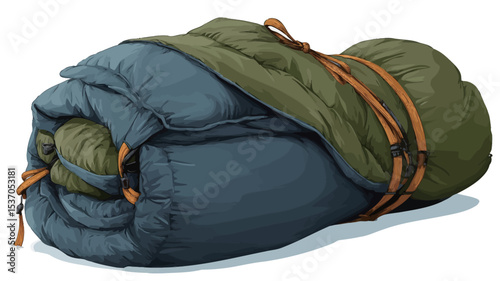 A digital illustration of a rolled-up sleeping bag. The sleeping bag is primarily teal and olive green, with orange straps securing it. The bag is shown from a three-quarter perspective