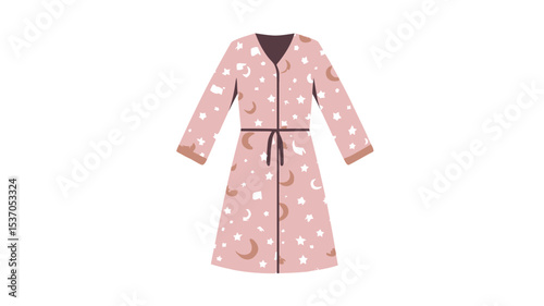 Illustration of a long-sleeved women's robe in a pale pink color. The robe features a full-length design with a subtle pattern of moons, stars, and clouds in a soft yellow and white.